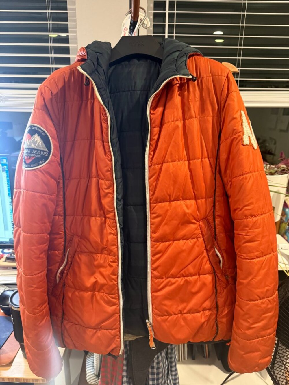 Armani Jeans Reversible Puffer Jacket Orange Green Plaid EU 50